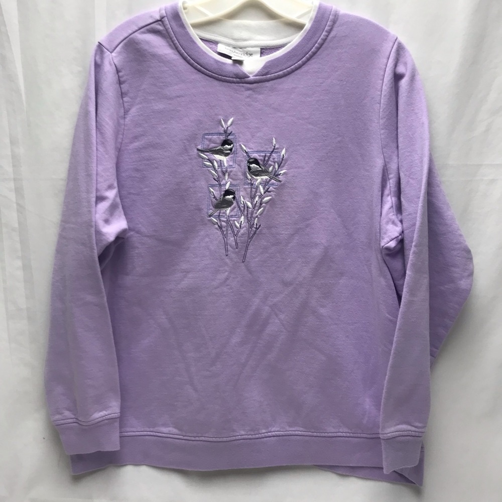 Vintage 90s Granny Double Crewneck Sweatshirt Embroidered Birds & Pussywillows
